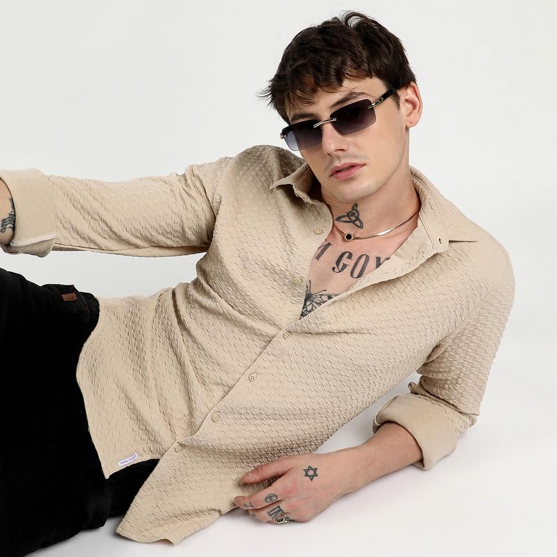 Campus Sutra Mens Beige Ripple Box Shirt for Casual Wear | Spread Collar | Long Sleeve | Button Closure | Shirt Crafted with Co