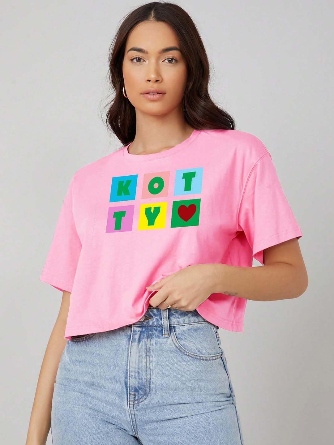 Kotty WomenS Round Neck Printed Cotton Blend Oversized Crop T-Shirts