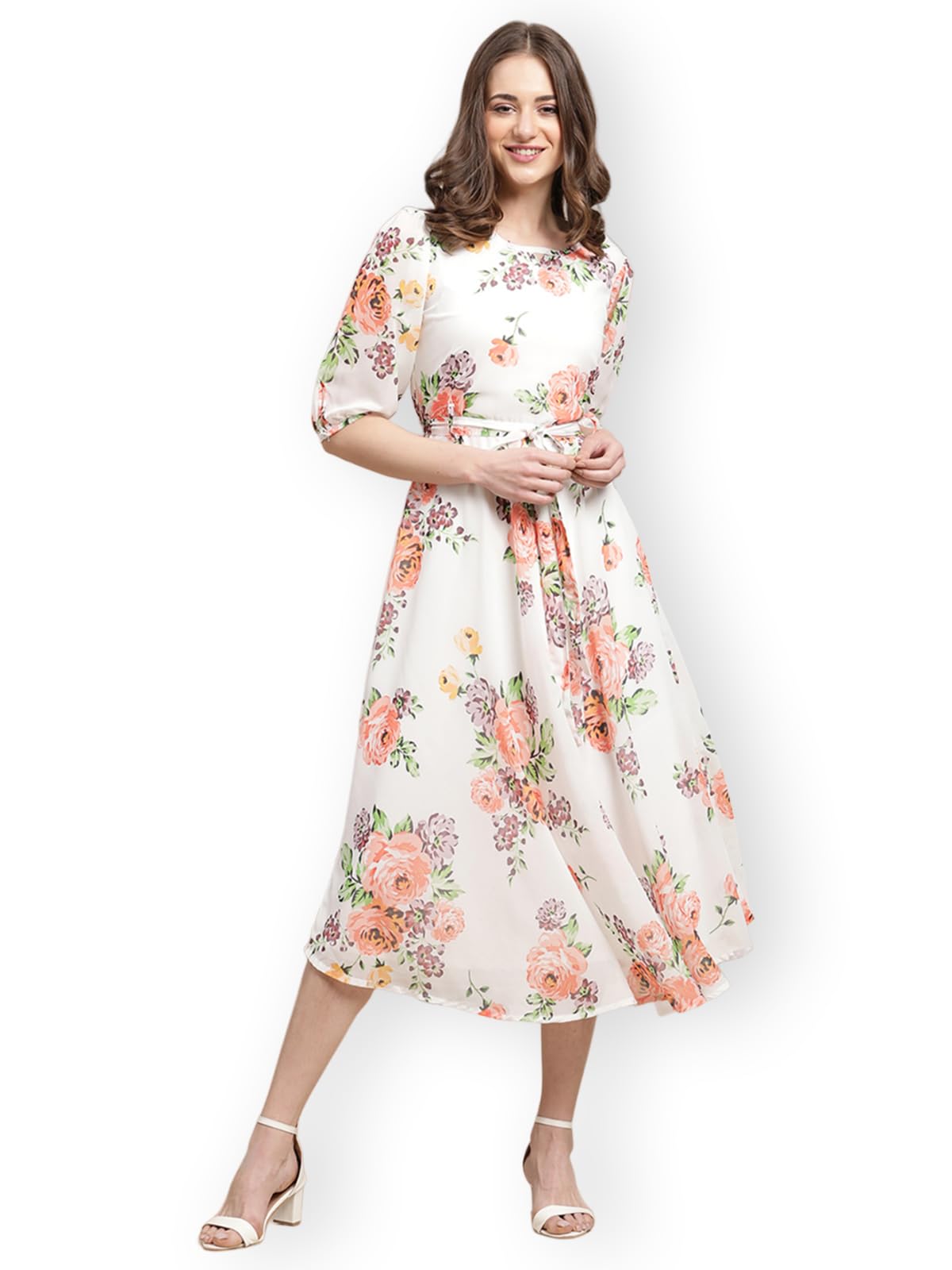 Preneum WomenS Maxi Fit & Flare Latest Style Print Georgette Regular Sleeves Casual Maxi Dress || Summer Dress Festival & Occas