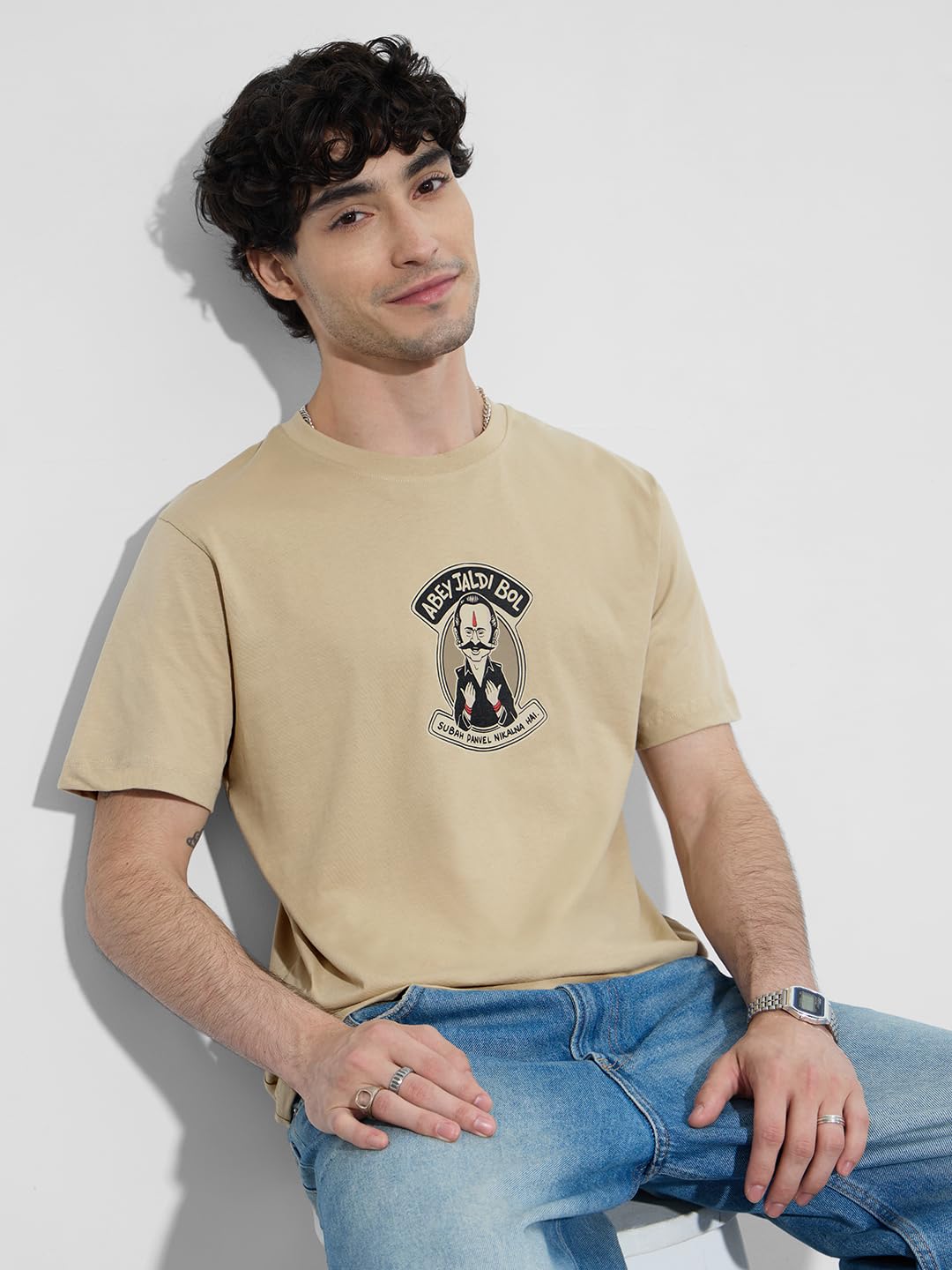 The Souled Store Golmaal 3: Vasooli Bhai Men and Boys Short Sleeves Round Neck Beige Graphic Printed Cotton Relaxed Fit T-Shirts