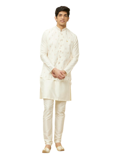 Manyavar Mens Warm White Blended Viscose Self Design Jackets