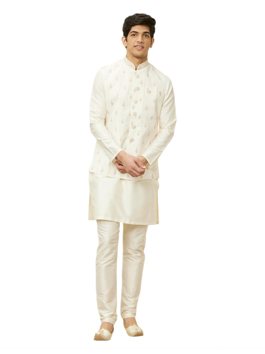 Manyavar Mens Warm White Blended Viscose Self Design Jackets