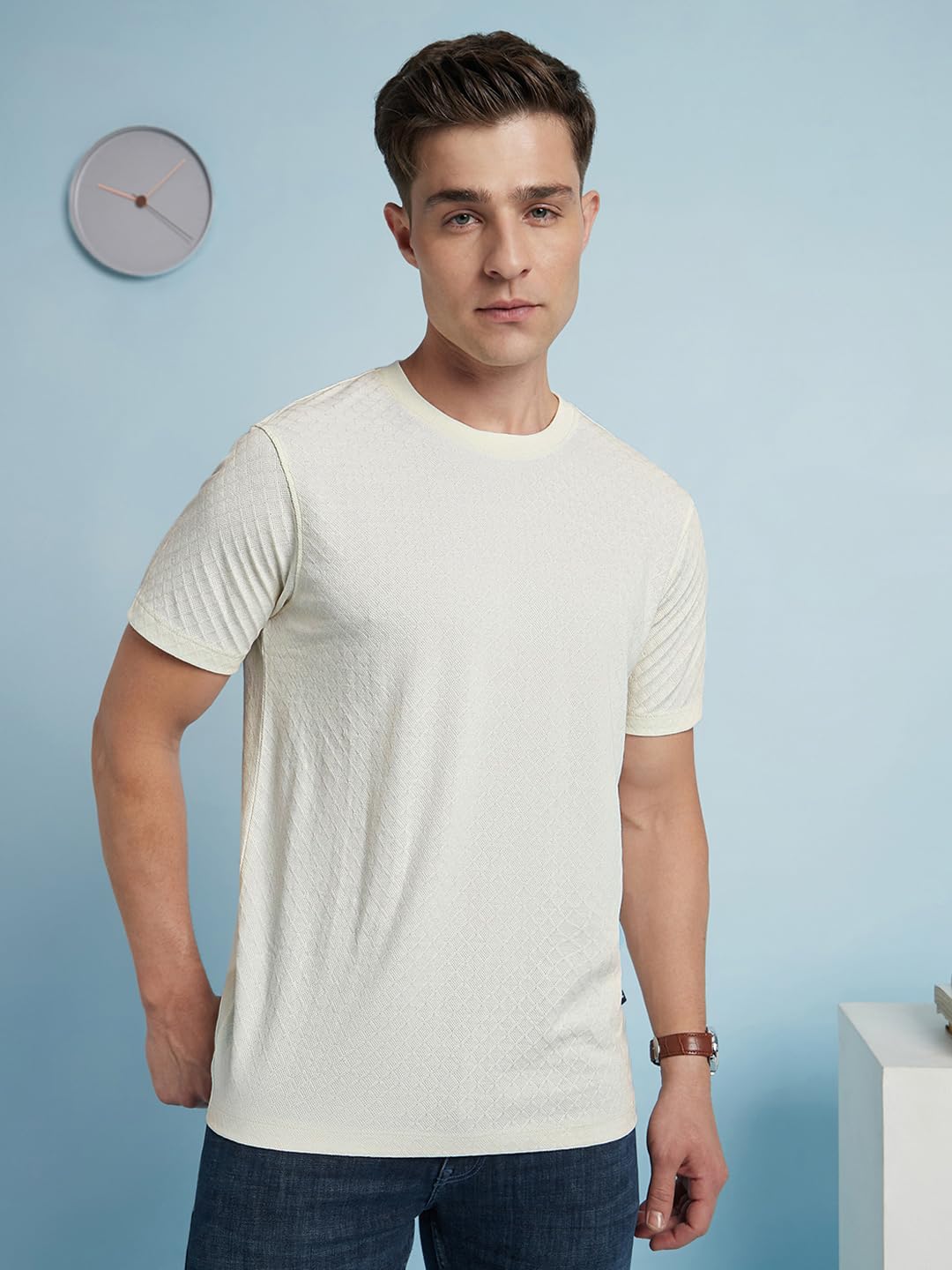 Dennis Lingo Men Cotton-Blend Regular Fit Solid Textured T-Shirt Off White