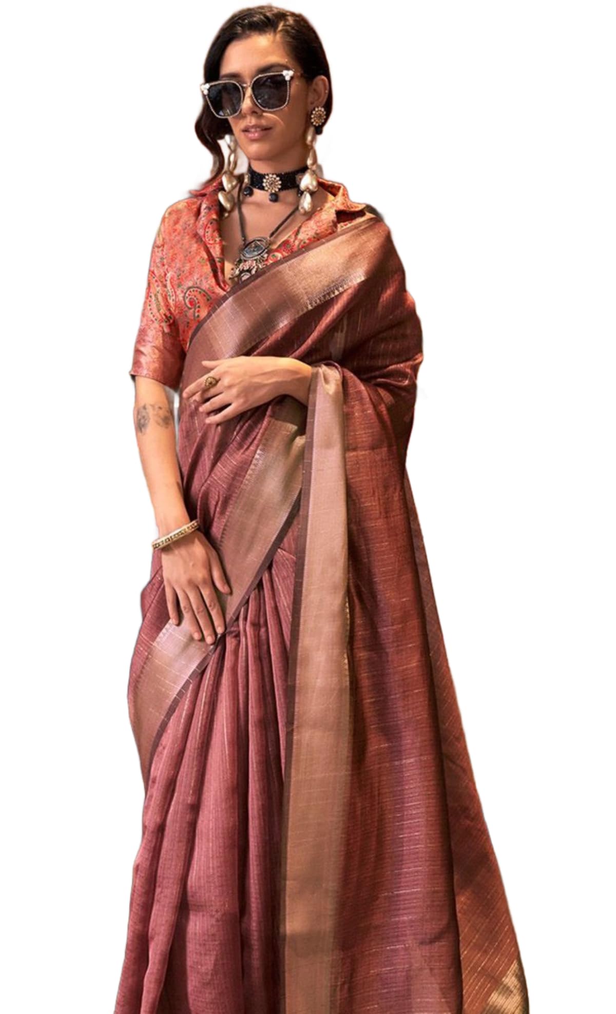 Madhuhansh Womens Soft Linen Saree With Unstitched Multicolor Paisley Blouse Piece Saree With Satin Border Comfortable Skin Frie