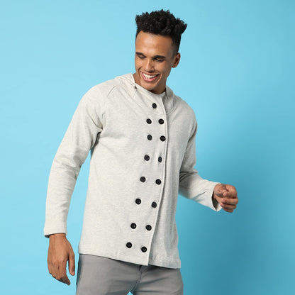 Campus Sutra Mens Grey Solid Cotton Jacket Regular Fit For Casual Wear, Collar With Hoodie, Double Breasted, Crafted With Comfor
