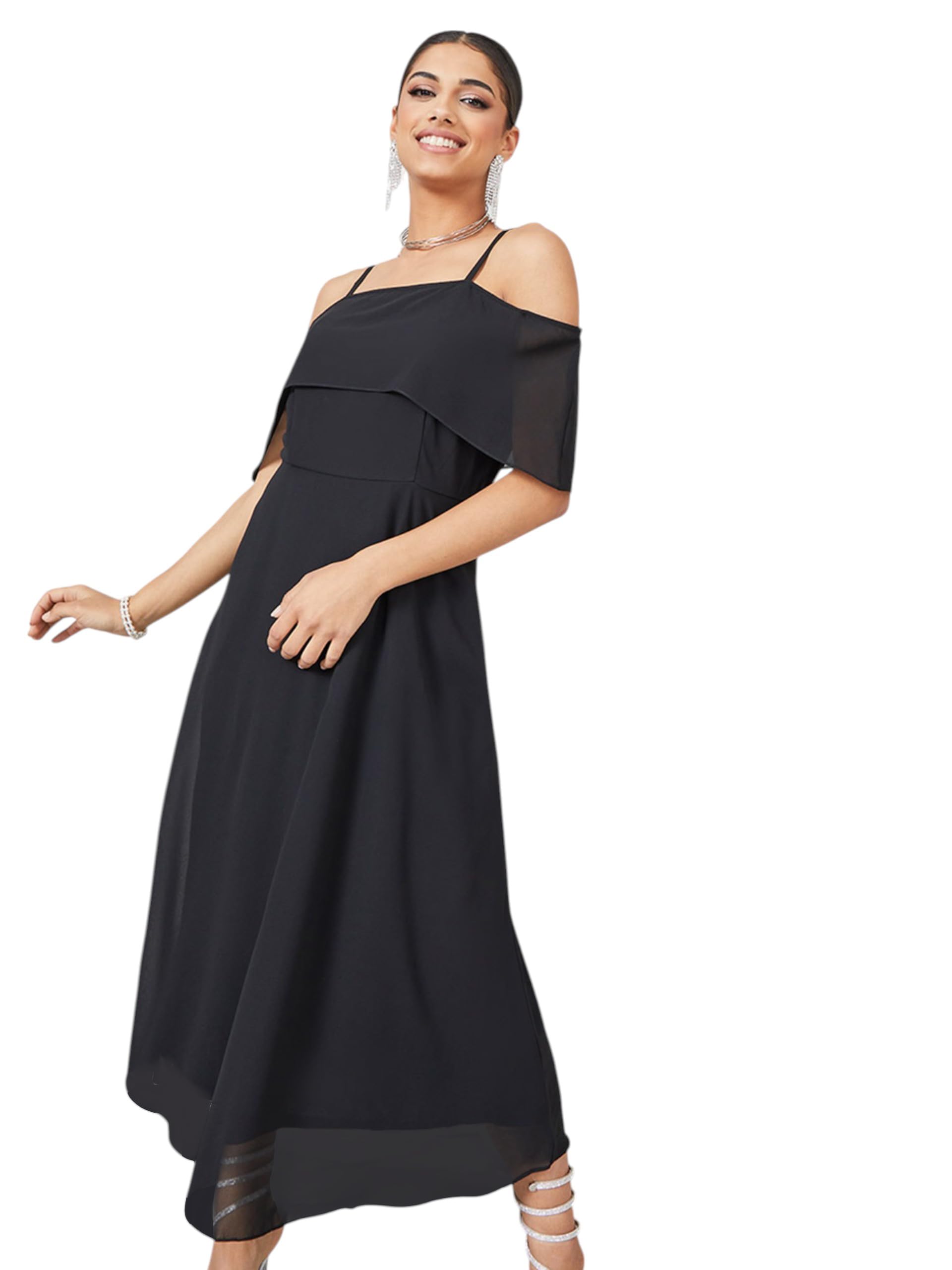 Miss Chase Womens Sleeveless Strap Solid Off Shoulder Midi Skater Dress (MCSS25D92-83-62-06, Black, XL)