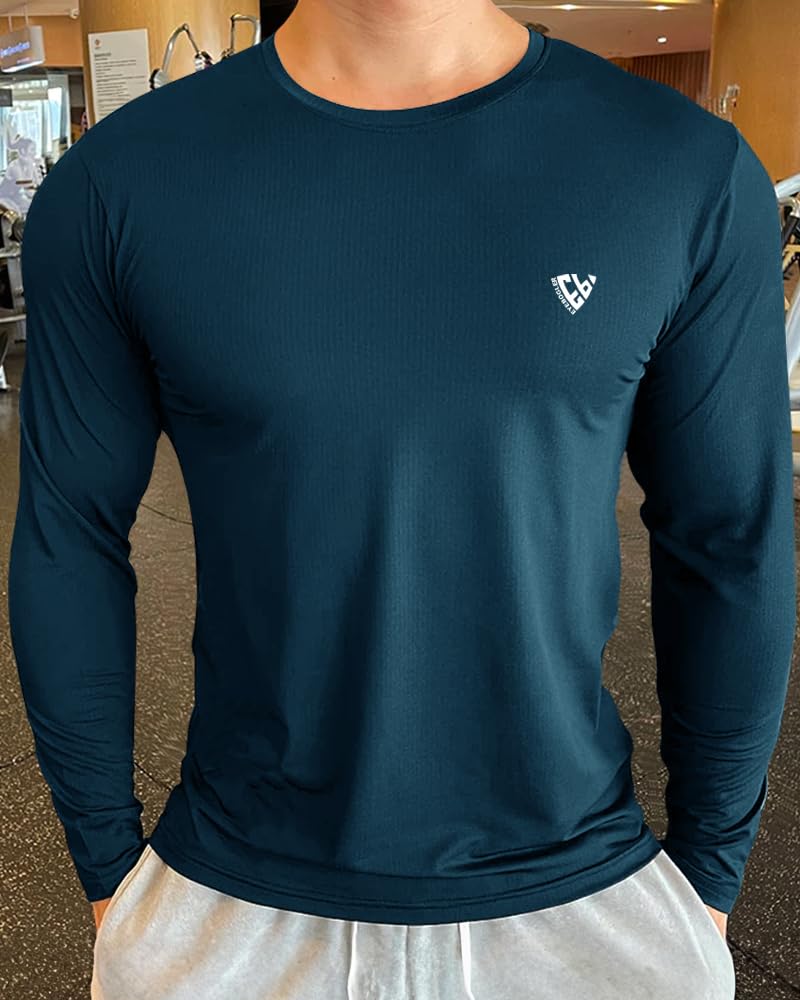 Eyebogler Men Dry Fit Round Neck Full Sleeve Activewear Tshirt Ink Blue