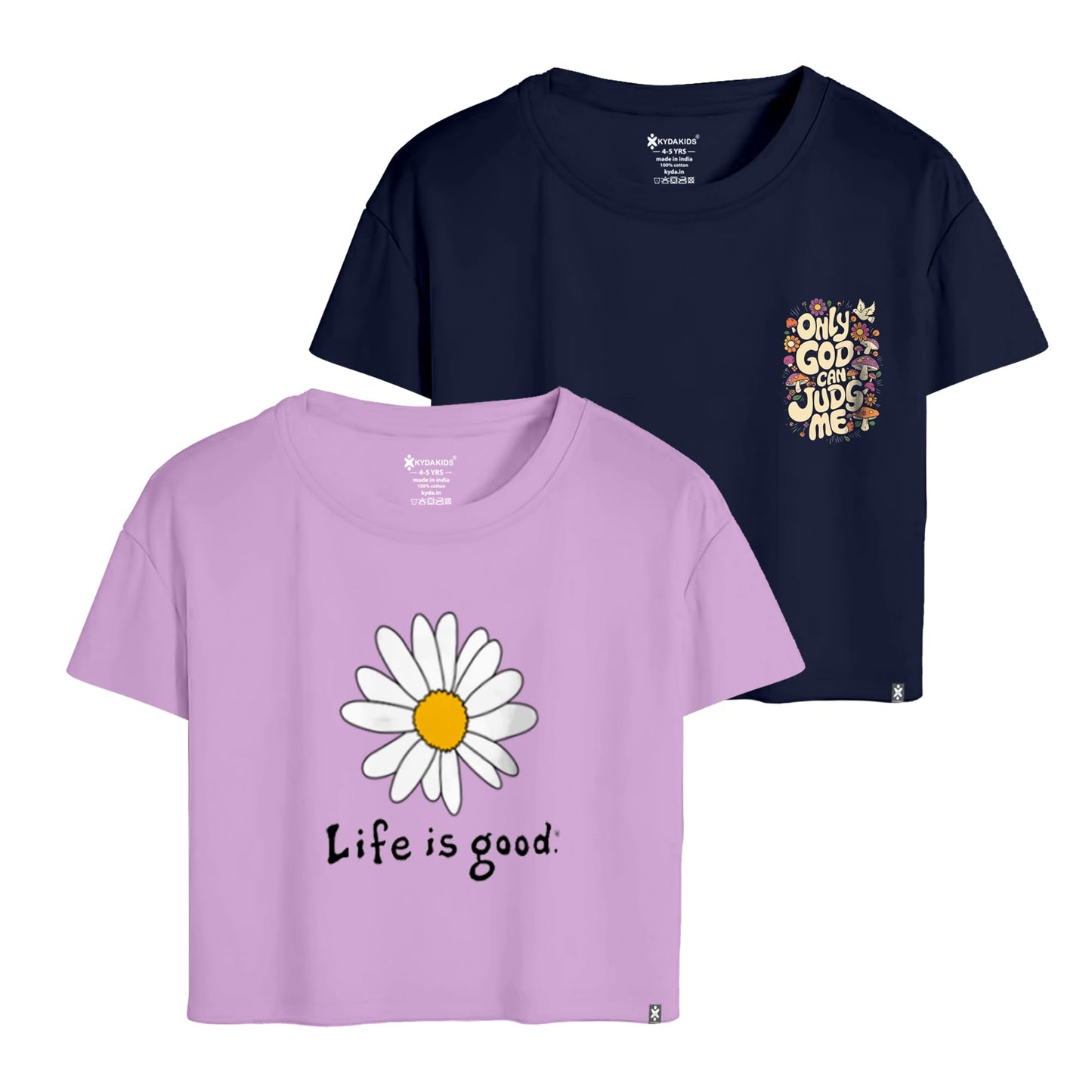 Kyda Kids 100% Cotton Crop Top For Girls - Printed Half Sleeve Stylish Tshirt, Regular Fit Tops For Girl - Pack Of 2