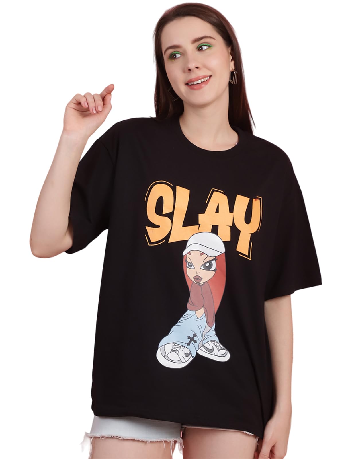 Preneum Womens Cotton Graphic Latest Printed Baggy Fit Drop-Shoulder Sleeves Cotton Oversized T-Shirt || Round Neck || Half Sle