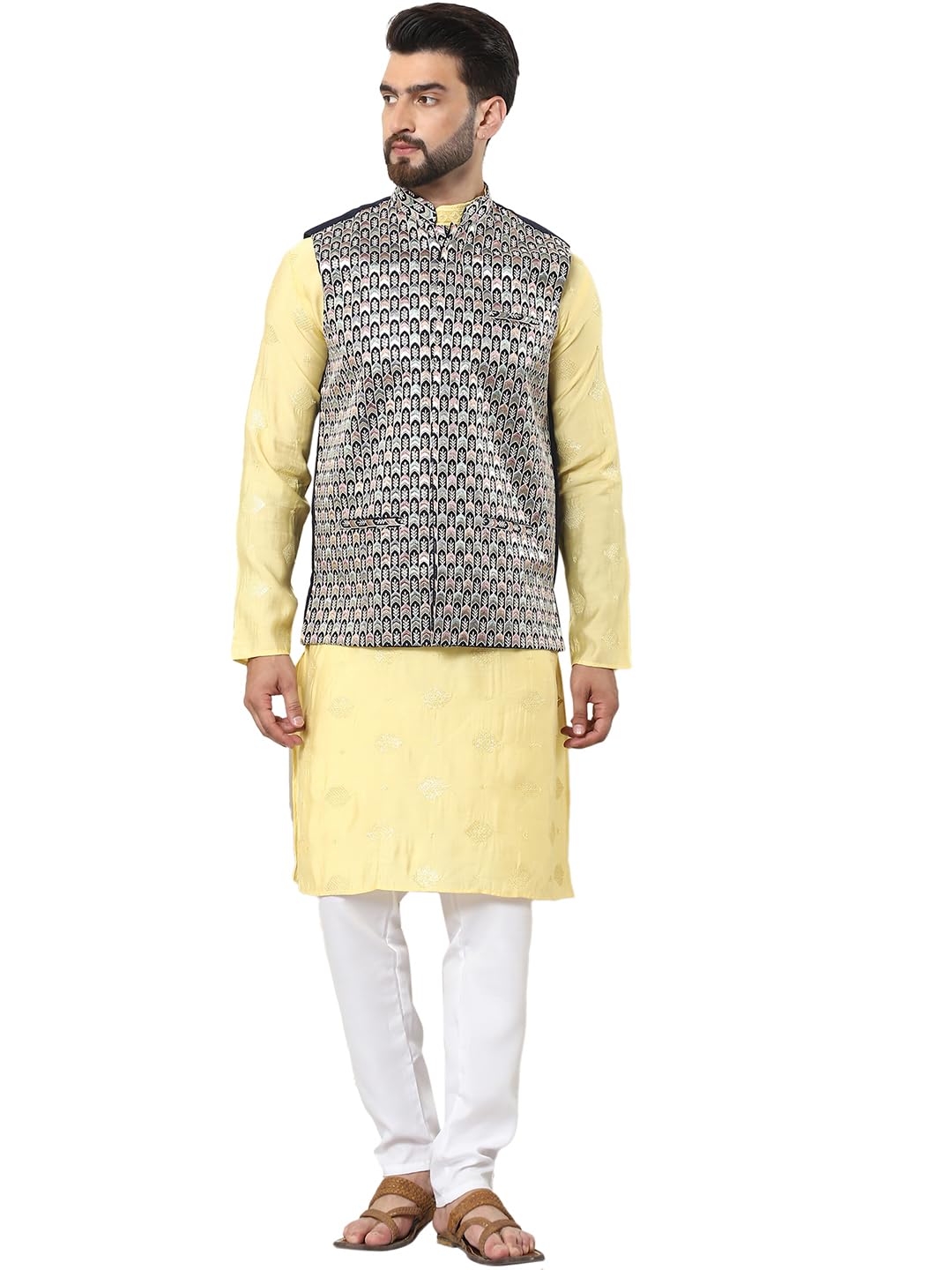 SOJANYA (Since 1958 Men's Cotton Silk Embroidered Yellow Kurta and White Pyjama with Designer Navy Nehru Jacket