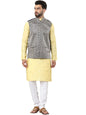 SOJANYA (Since 1958 Men's Cotton Silk Embroidered Yellow Kurta and White Pyjama with Designer Navy Nehru Jacket