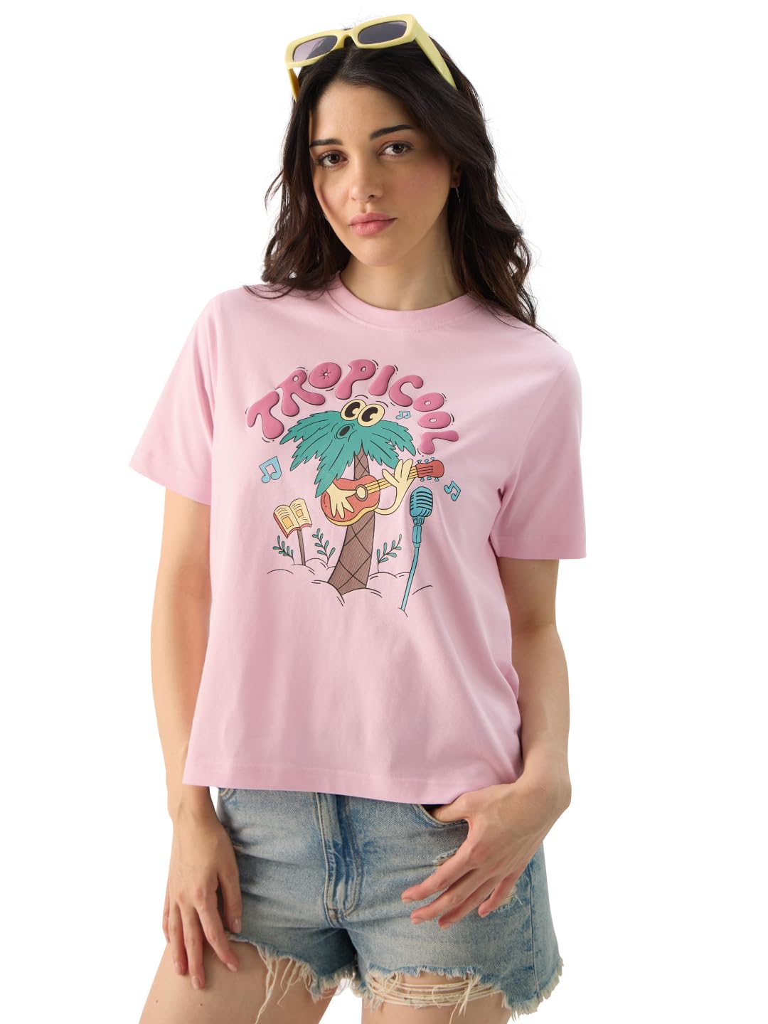 The Souled Store Tropicool Women and Girls Short Sleeve Round Neck Pink Graphic Printed Cotton Regular Fit T-Shirts