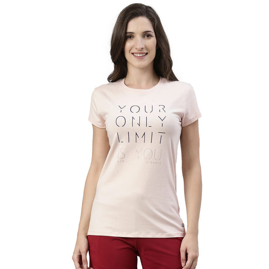 Enamor Essentials Womens Short Sleeve Crew Neck Slim Fit Breathable Stretch Cotton Tee With Graphic - E147(E147-Rose Water / Li
