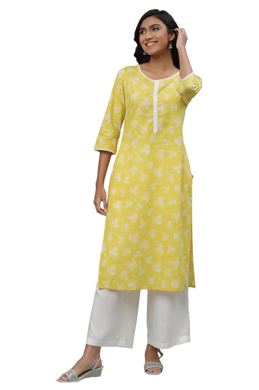 Aurelia Yellow Floral Printed Printed Lace Cotton Straight Long Kurta For Women