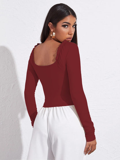 AVANOVA Womens & Girls Maroon Full Sleeve, Sweat Hear Neck, Frill Trim Ruched Crop Top for Women, Tops, T-Shirts for Girls (TO