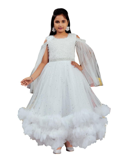 Aarika Girls White Colour Emballished Net Gown (4-11 Years)