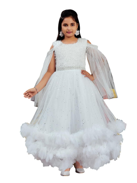 Aarika Girls White Colour Emballished Net Gown (4-11 Years)
