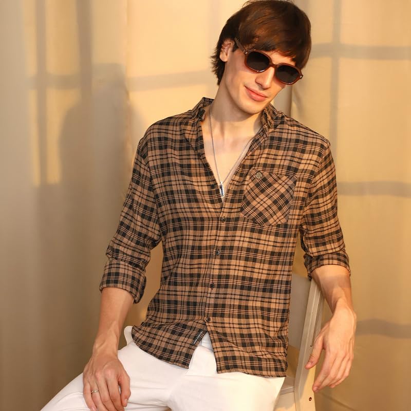 Campus Sutra Mens Tan Brown & Charcoal Black Tartan Plaid Shirt | Casual Wear | Spread Collar | Long Sleeve | Button Closure |