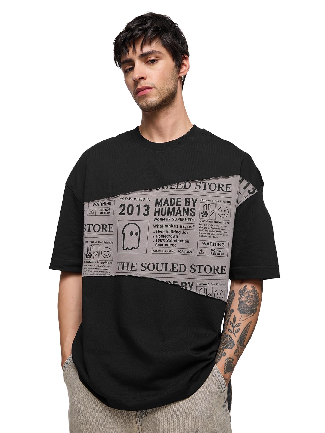 The Souled Store in The News Men and Boys Short Sleeves Round Neck Black Cotton Super Oversized T-Shirts