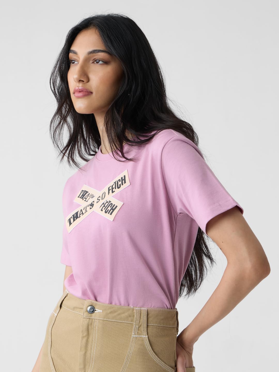 The Souled Store Mean Girls: Thats So Fetch Women and Girls Short Sleeves Round Neck Pink Graphic Printed Cotton Relaxed Fit T-