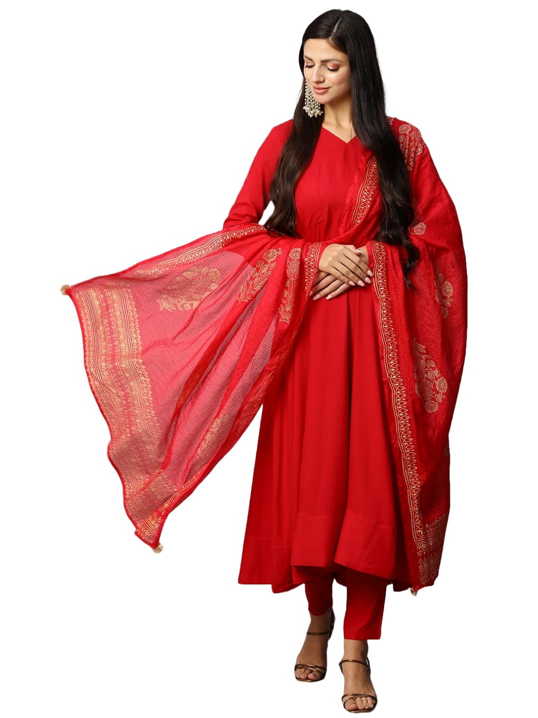 ANNI DESIGNER Ladies Cotton Blend Kurta with Trousers and Dupatta, red, XL
