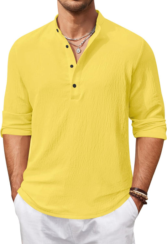 Zartha Mens Regular Fit Solid Cotton Blend Straight Kurta Yellow