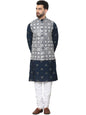 SOJANYA (Since 1958 Men's Cotton Silk Embroidered Navy Kurta and White Pyjama with Grey Nehru Jacket