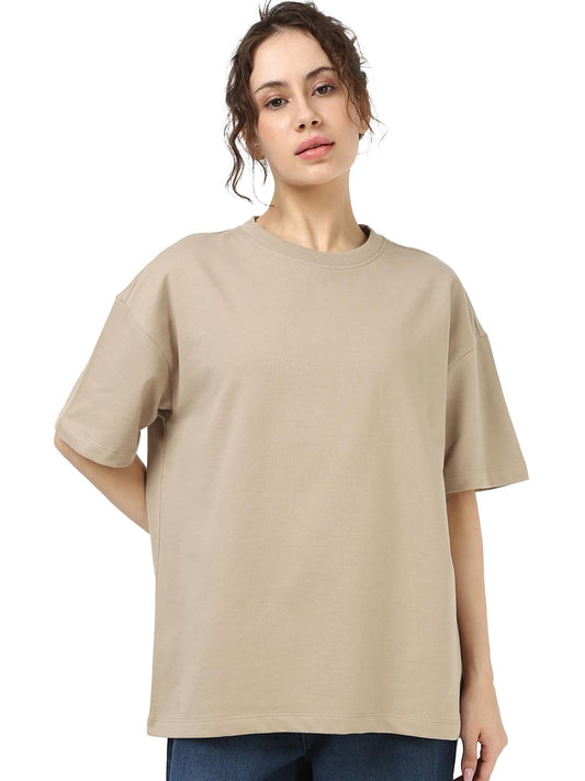 Bewakoof Heavy Duty 1.0 WomenS Solid Oversized Fit Half Sleeve Round Neck Cotton T-Shirt_657338_Brown_Xs