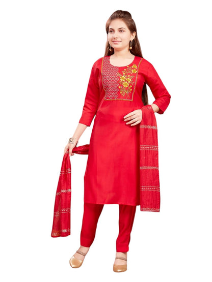 Aarika Girls Ethnic Wear Mustard Colour Zari Thread Embroidery Silk Kurti Pant Set