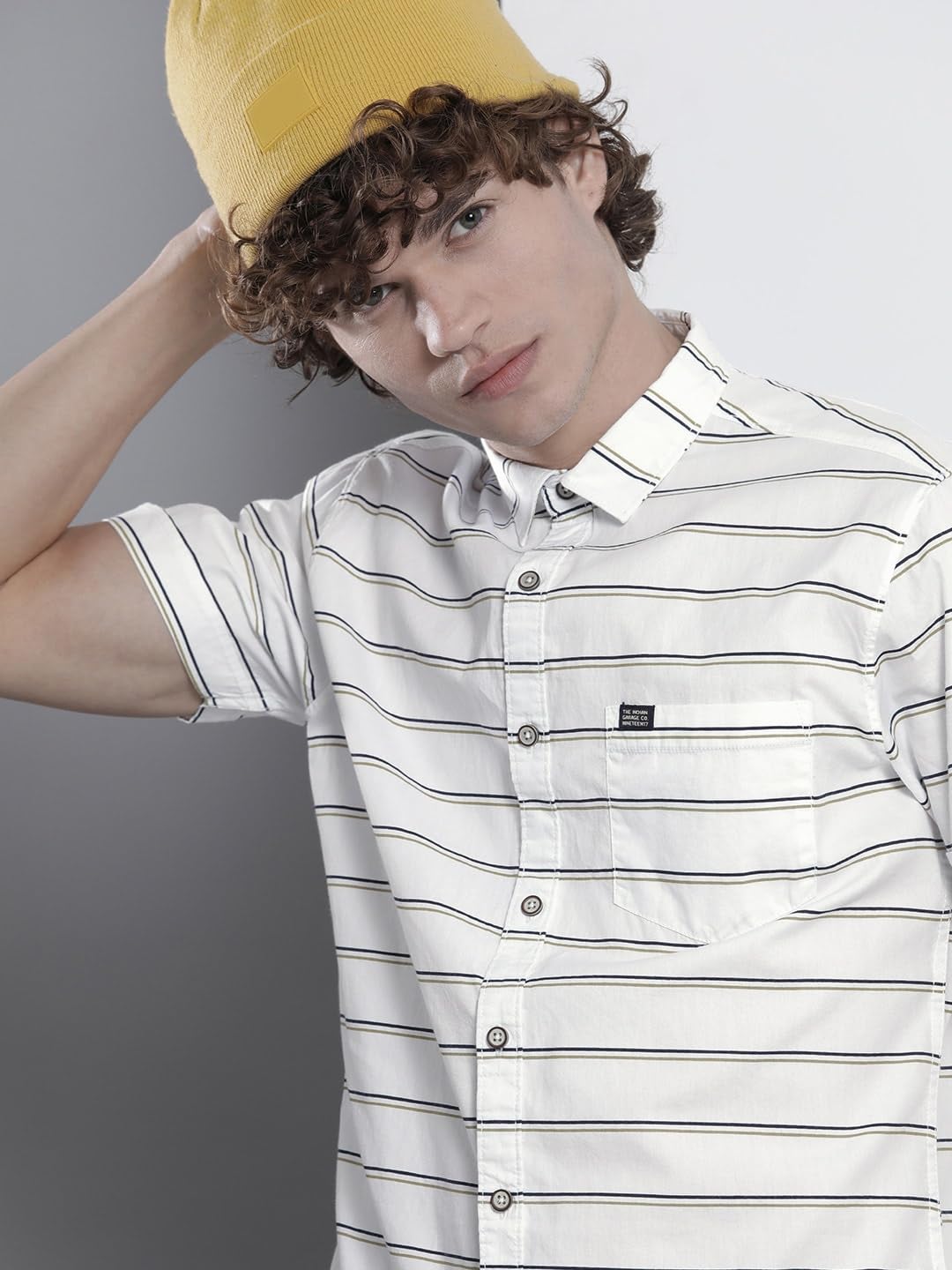The Indian Garage Co White Regular Fit Spread Collar Striped Short Sleeves Shirt