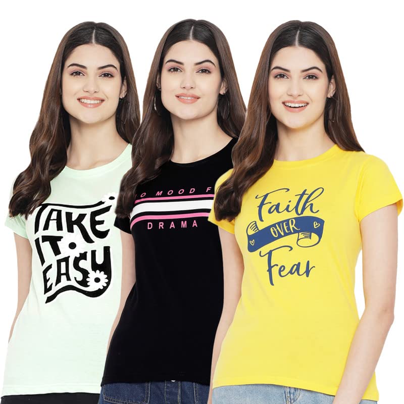 Preneum Womens Cotton Regular Fit Latest Graphic Stylish Printed Short Sleeves Casual T-Shirt || Trendy & Styling (Pack 3), Gre
