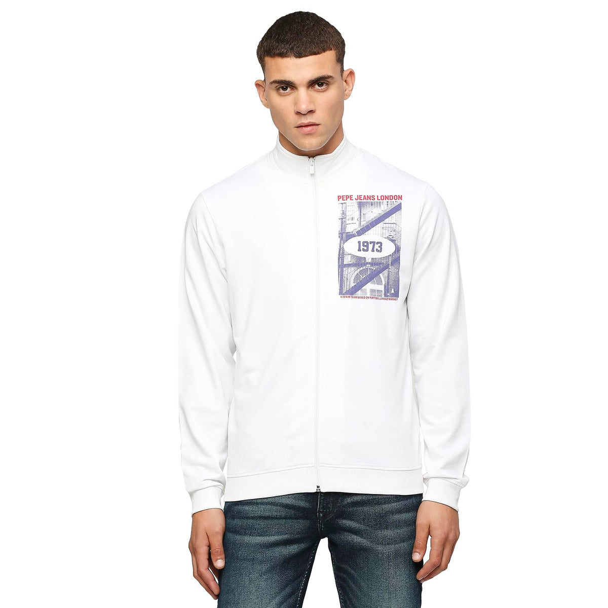 Pepe Jeans MenS Cotton Crew Neck Karson Graphic Printed Zip-Thru Regular Fit Sweatshirt (White, Large)