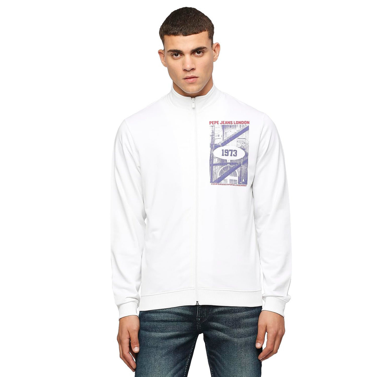 Pepe Jeans MenS Cotton Collared Neck Karson Graphic Printed Zip-Thru Regular Fit Sweatshirt (White, Medium)