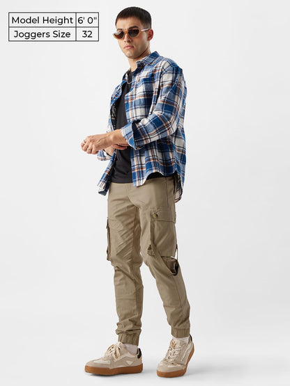 The Souled Store Solids: Beige Men and Boys Regular Fit Cotton Cargo Joggers