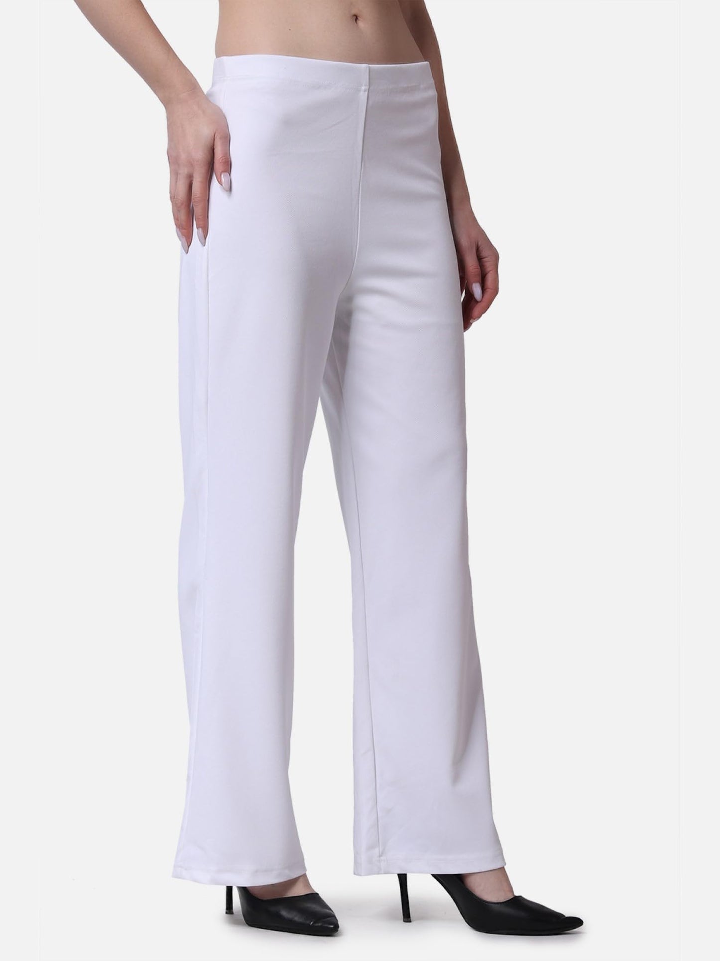 POPWINGS Formal Casual Solid High Waist Plain Trousers for Women - Pull On Work Pants for Summer - White