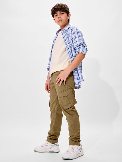 The Souled Store Solids: Dark Beige Young Boys Buttoned Straight Fit Cotton Cargo Pants