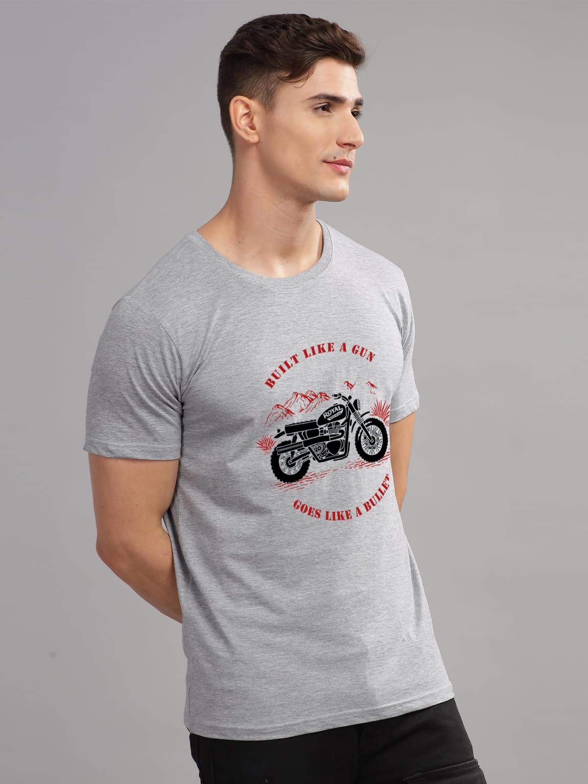 ADRO Men's Royal Bike Design Printed 100% Cotton T-Shirt - Regular Fit, Printed T-Shirts for Men (RN24-RYL-GR_Grey)