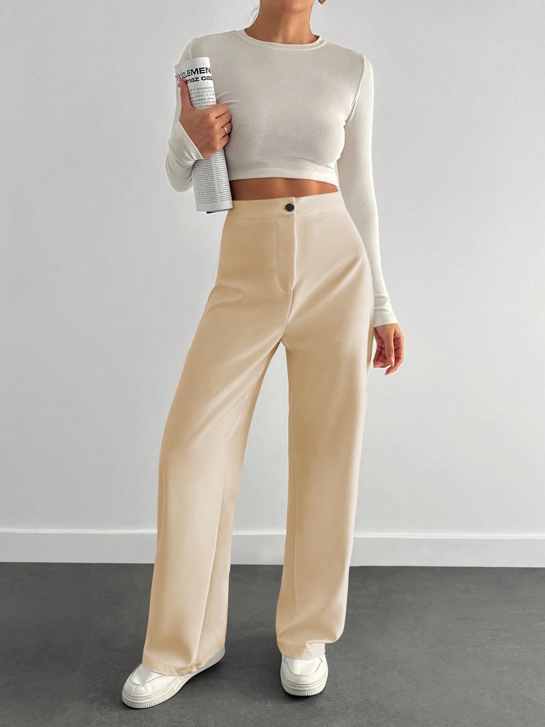 Toochki High Waist Trousers for Women  Korean Style Formal Pants | Elegant Workwear for Office, College & Events Beige