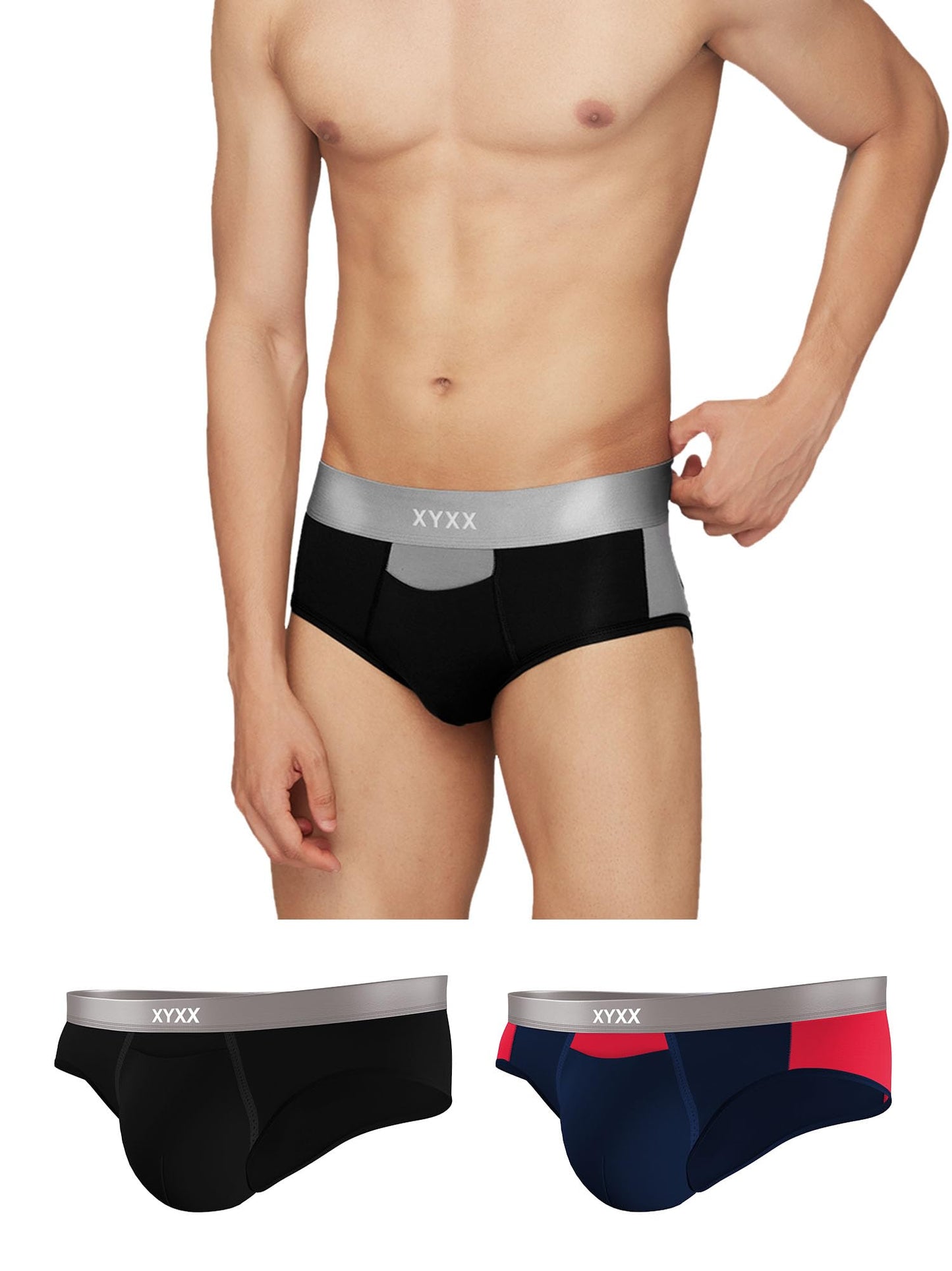 XYXX Mens Underwear Illuminati IntelliSoft Antimicrobial Micro Modal Brief Pack of 3 (Black Iris & Tango Red ; Black & Steel Gr