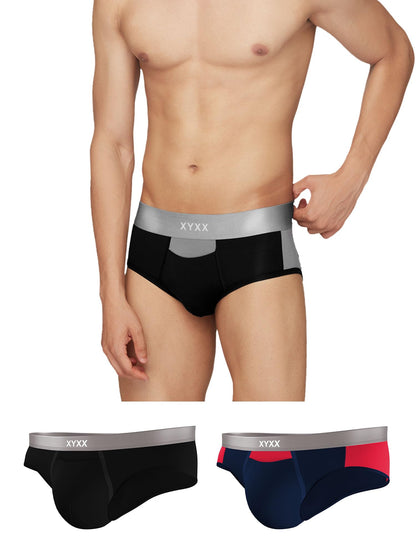 XYXX Mens Underwear Illuminati IntelliSoft Antimicrobial Micro Modal Brief Pack of 3 (Black Iris & Tango Red ; Black & Steel Gr
