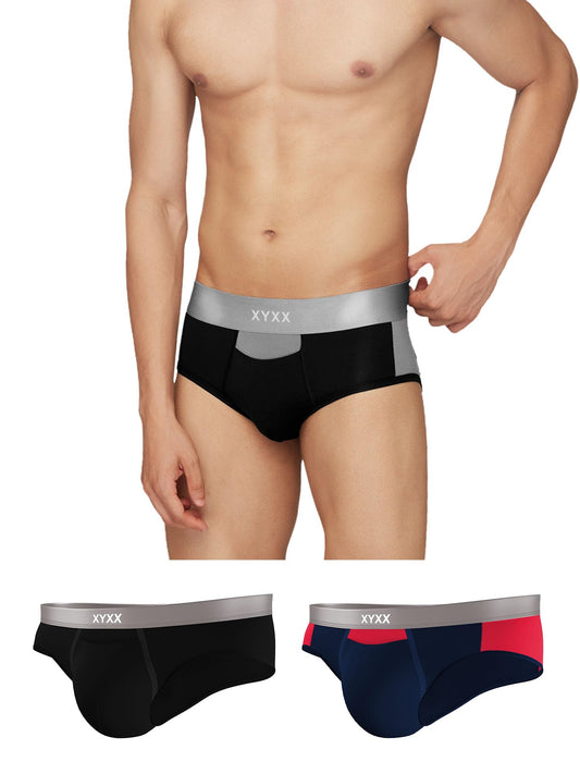 XYXX Mens Underwear Illuminati IntelliSoft Antimicrobial Micro Modal Brief Pack of 3 (Black Iris & Tango Red ; Black & Steel Gr
