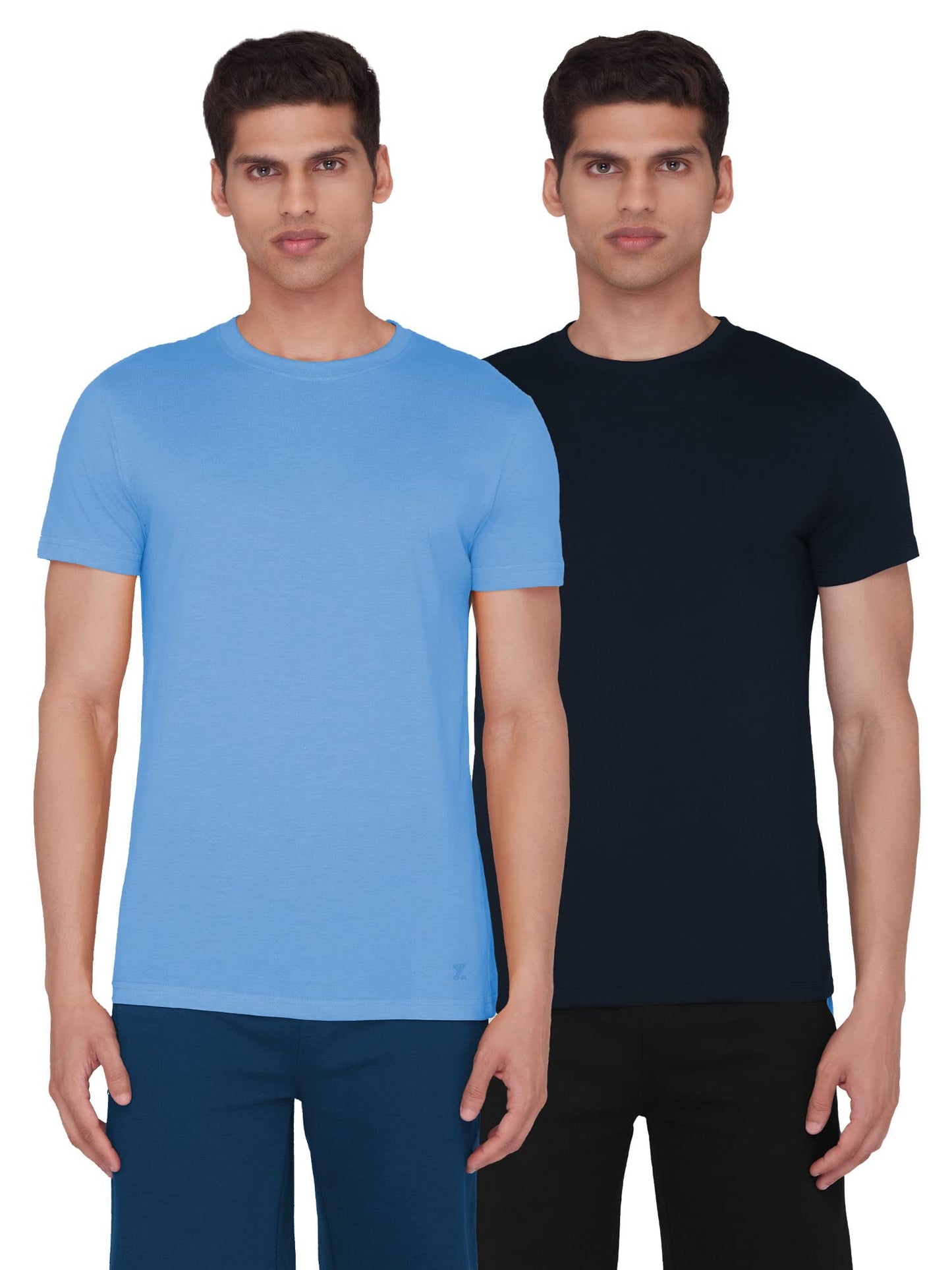 XYXX Mens Round Neck Relaxed Fit Code Tshirt - Cotton-Rich, N9 Silver Finish, High Moisture Absorption - Pack of 2 (Azure Blue +