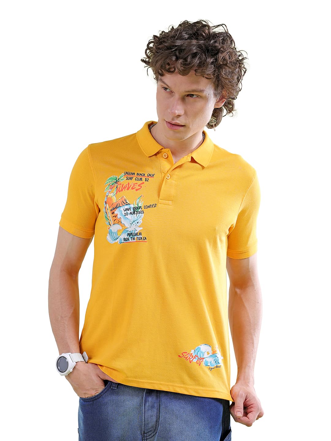 The Indian Garage Co Men Slim Fit Placement Print Polo Collar Tshirt Yellow