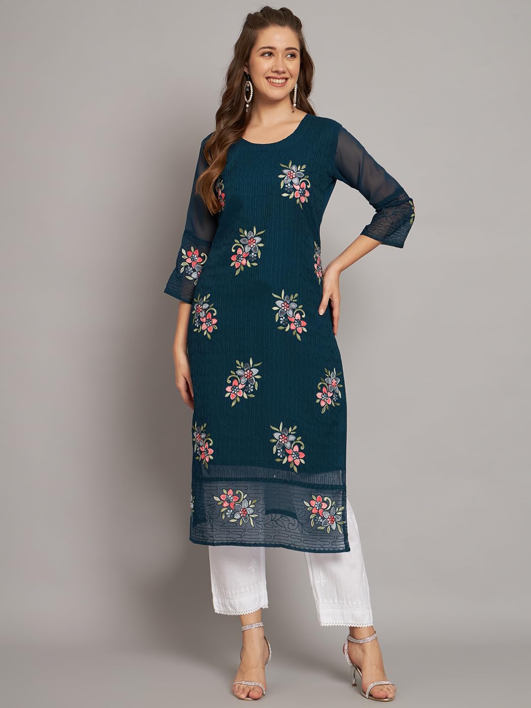 Ekasya WomenS Georgette Straight Cut Round Neck Kurta With Beautiful Floral Embroidery Work - Elegant Design, Comfortable Fit,