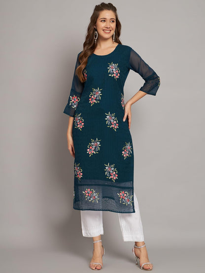 Ekasya WomenS Georgette Straight Cut Round Neck Kurta With Beautiful Floral Embroidery Work - Elegant Design, Comfortable Fit,