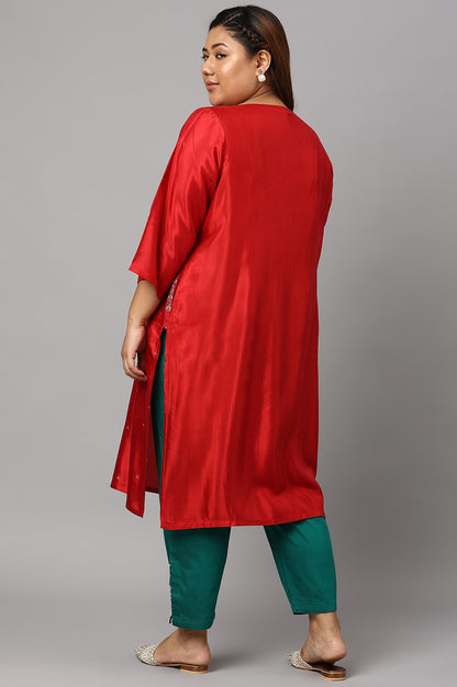W for Women Plus Size Red Embroidered Shantung Kurta