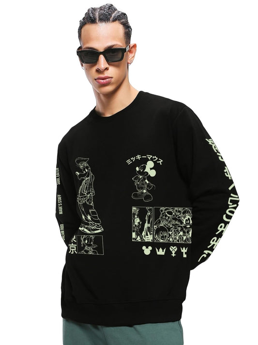 Bewakoof Official Disney Merchandise Mens Graphic Printed Regular Fit Full Sleeve Round Neck Fleece Sweatshirt_628897_Black_L