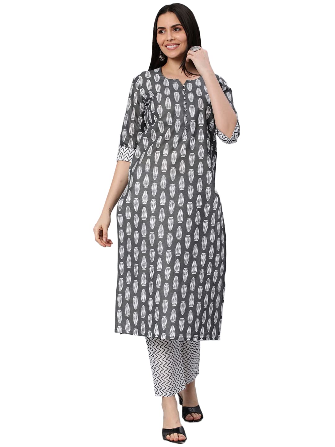 ANNI DESIGNER Womens Cotton Blend Floral Straight Kurta with Pant (Danapa Grey-Nw Medium)