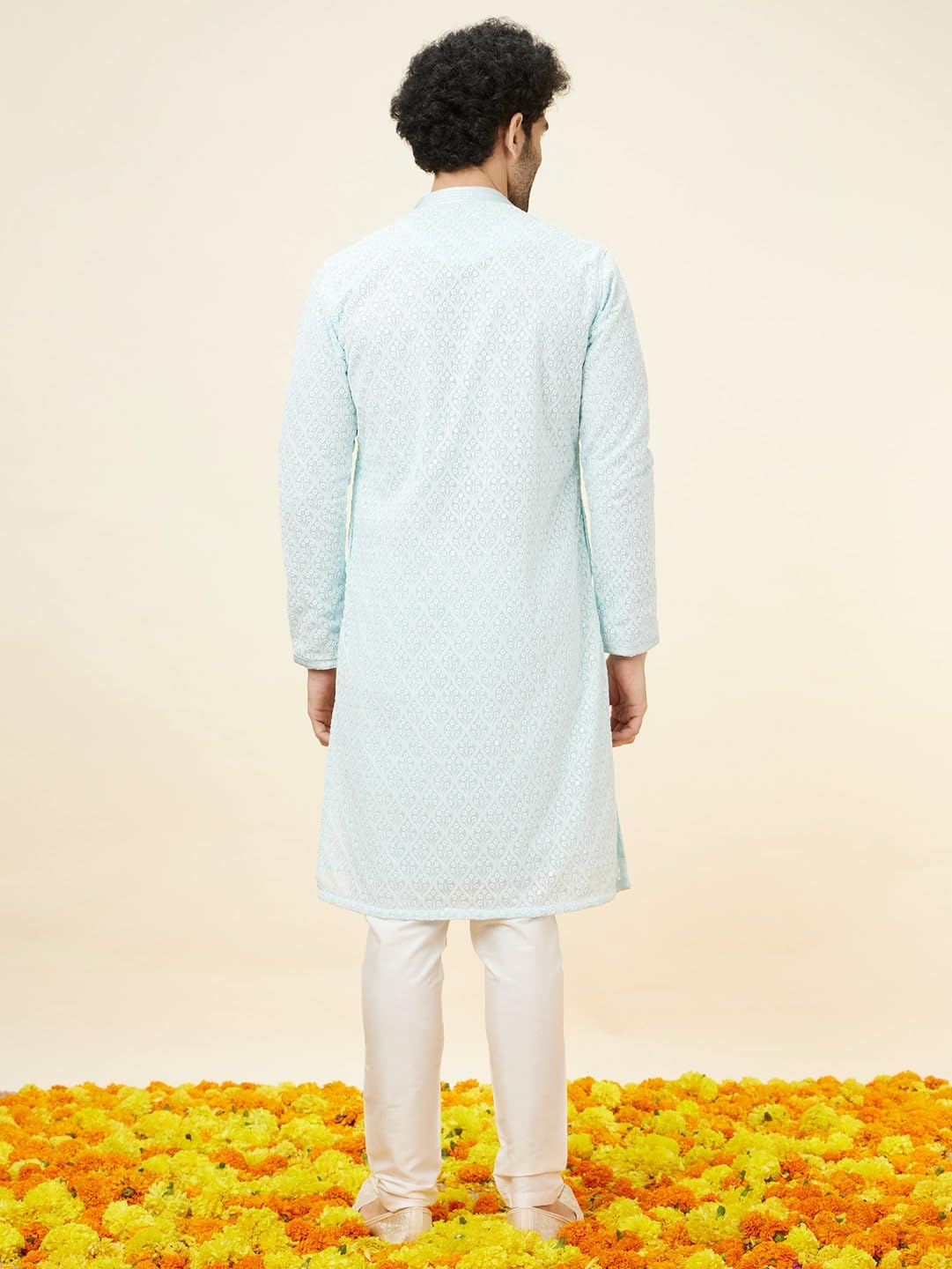 Manyavar MenS Blue Georgette Embroidered Kurta Pyjama Set