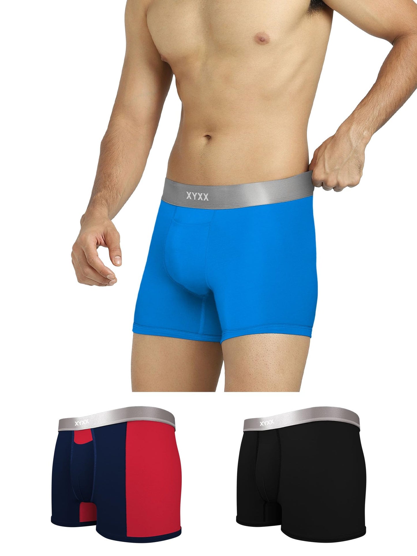 XYXX Mens Underwear Illuminati IntelliSoft Antimicrobial Micro Modal Trunk Pack of 3 (Black Iris & Tango Red ; Brilliant Blue ;